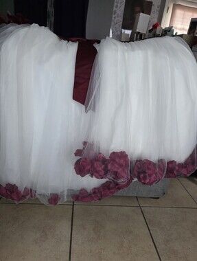 White Tulle Skirt with Burgundy Floral Trim